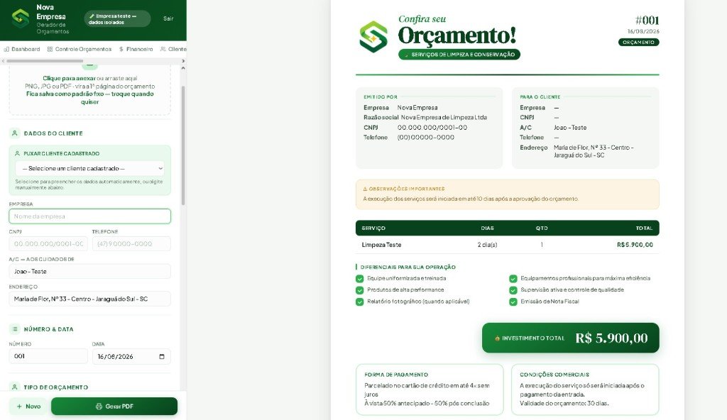 Tela de orçamento profissional do CleanSystem